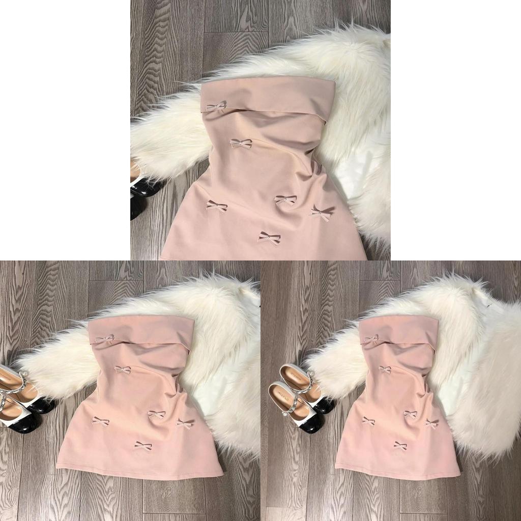 Pure Desire Korean Style Pink Satin Off Shoulder Dress With Bow For Summer Party Wear