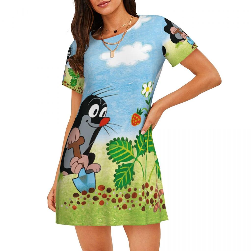 Cartoon Comic Damen Oversized Rundhals Modisches Lockeres Lässiges Sommerkleid mit Kurzen Ärmeln