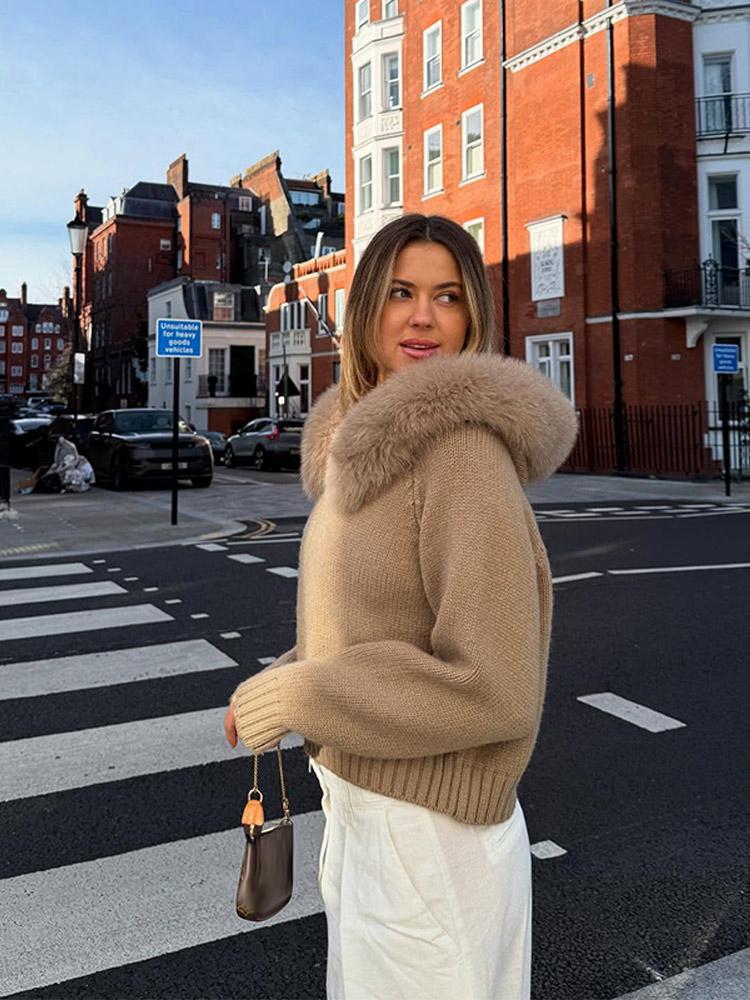 Women's Hooded Zipper Khaki Sweater Cardigan Fur Hat White Knitted Cardigan Furry Hat Knitted Jacket Women's Warm Black Sweater Lining Autumn Winter