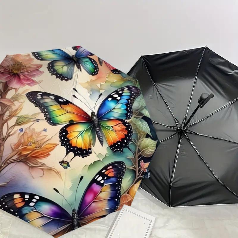1pc Colorful Butterflies and Flowers Umbrella with Plastic Handle,Suitable for All Seasons Home Travel Outdoor UmbrellaDD160