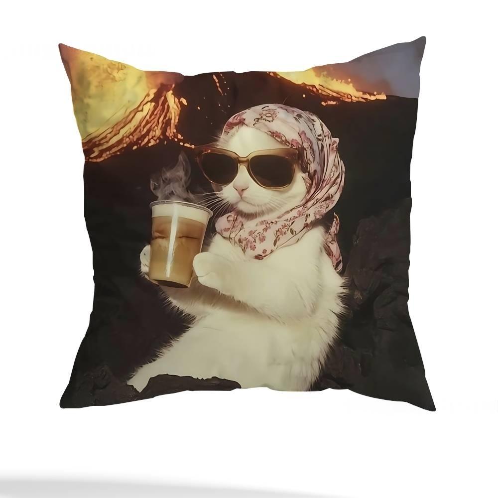 Short Plush Cat Meme Pillow Cover DoubleSided Square Design for MultiScene Sofa Bedroom and Modern Home Decor