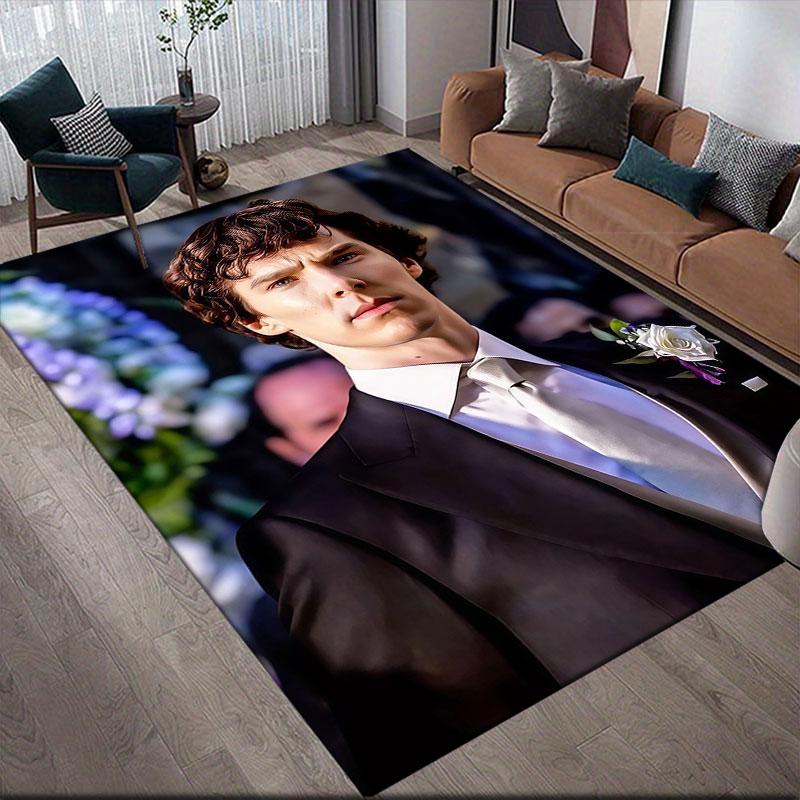 Sherlock Holmes Flannel Printed Carpet, Home Sofa Decoration for Living Room & Bedroom, Non‑Slip Play Flannel Floor Mat for Game Room