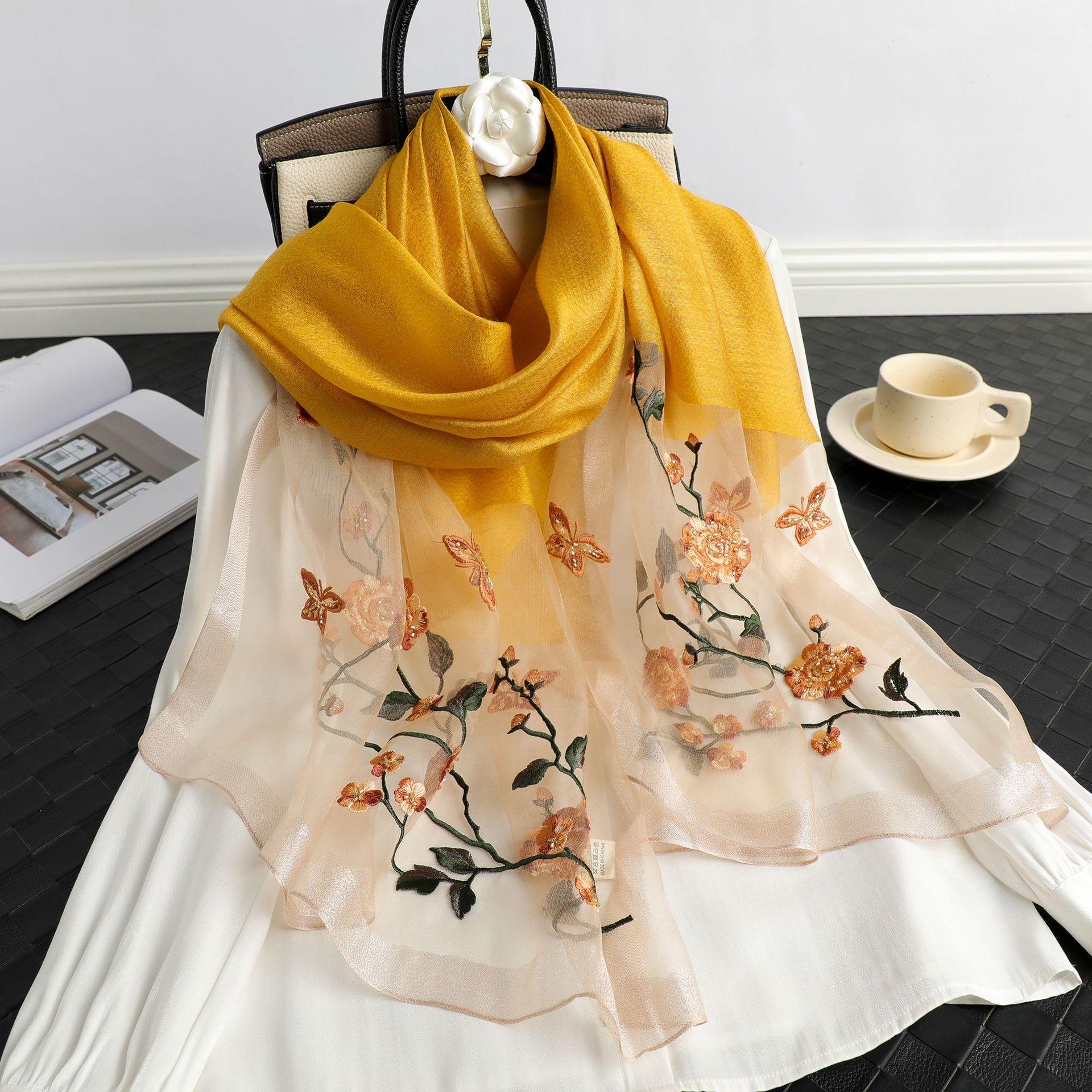 

Lady Floral Embroidery Silk Wool Scarf Luxury Plaid Women Hijab Female Beach Stoles Shawl Wrap Headbands Scarves Bandana 70x180cm