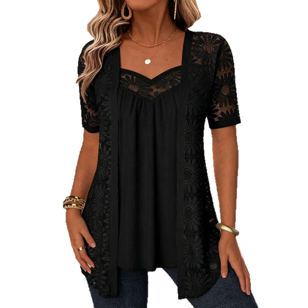 Elegant 2026 Summer Solid Color Lace Hollow Two-Piece Women's Top