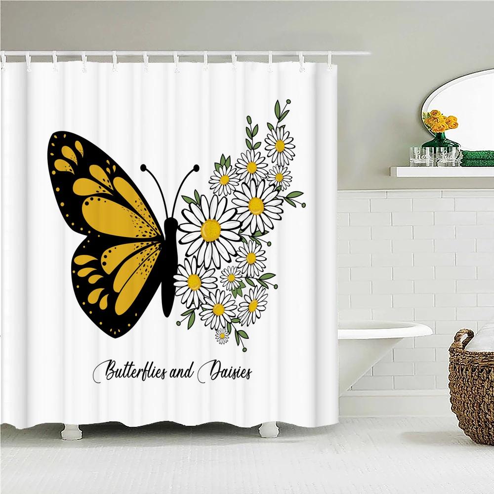 Butterfly Shower Curtain Spring Butterfly Bathroom Shower Curtain Nature Garden Plant Waterproof Shower Curtain Bathtub Decor W90xH180cm(35x70 in)