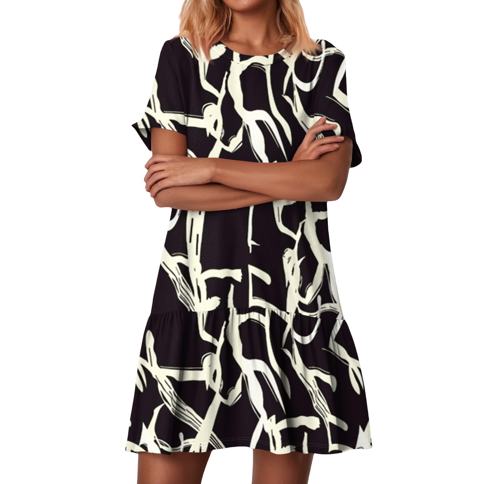

Женские модные повседневные платья с круглым вырезом и коротким рукавом с оборками и винтажным принтом XXL чёрный