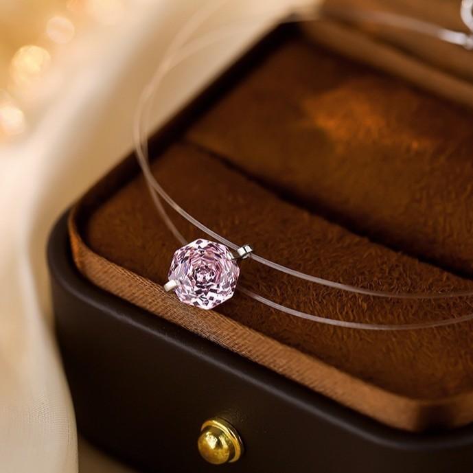 Invisible Fishing Line Mermaid's Tear Necklace, Womens Light Luxury Rose Pink Crystal Collarbone Chain.