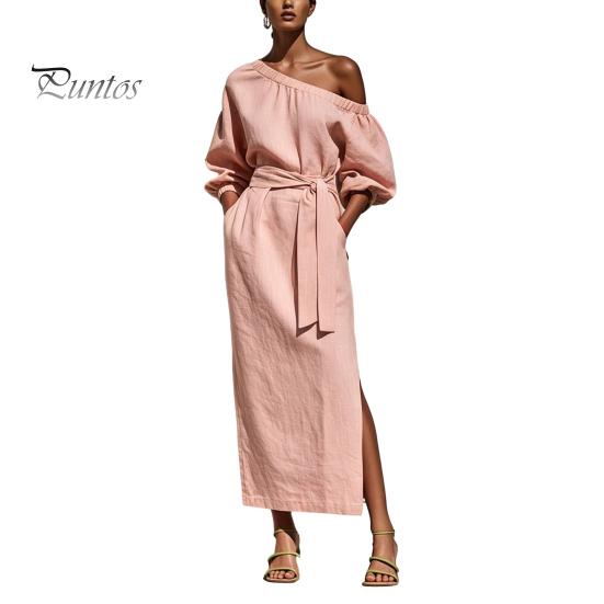 Summer Maxi Dress Women One Shoulder Long Dress, Solid Color Tie Waist Side Split Casual Party Sleeve for Dresses