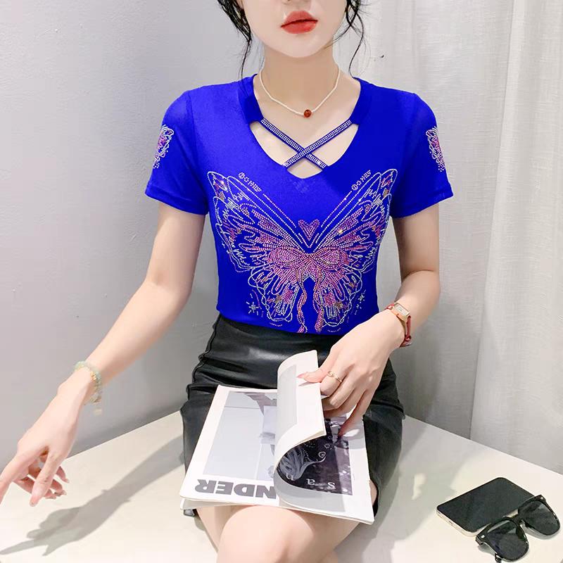 Haut Femme Sexy de Haute Qualité avec Design Croisé en V Débardeur Brillant Papillon Diamants Chauds Été Marque Féminine Élastique Slim T-shirts en Maille