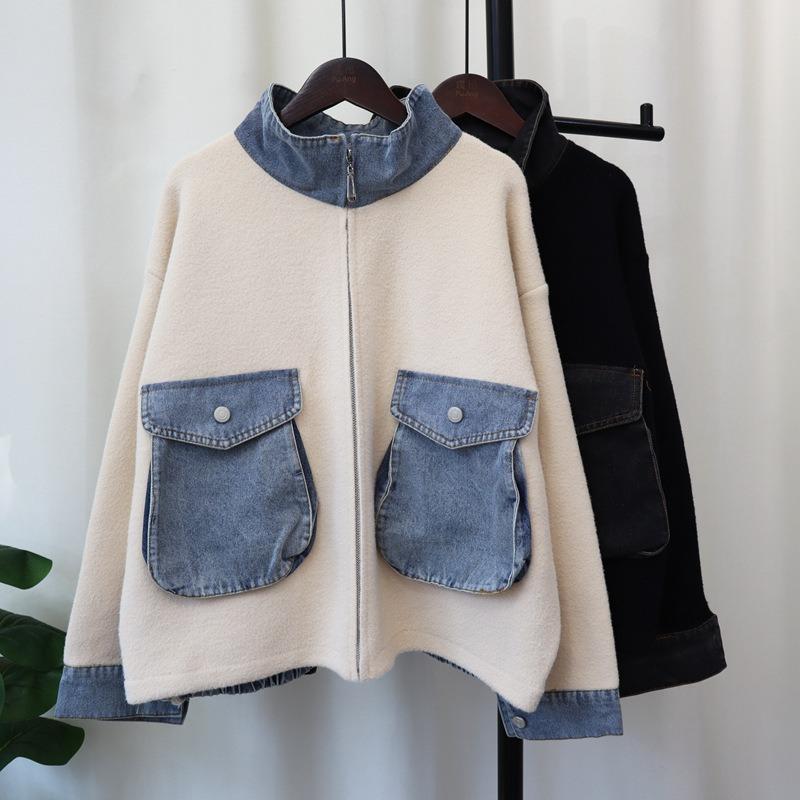 Autumn and winter new zipper splicing denim knitted double-sided woolen cardigan temperament sweater jacket women