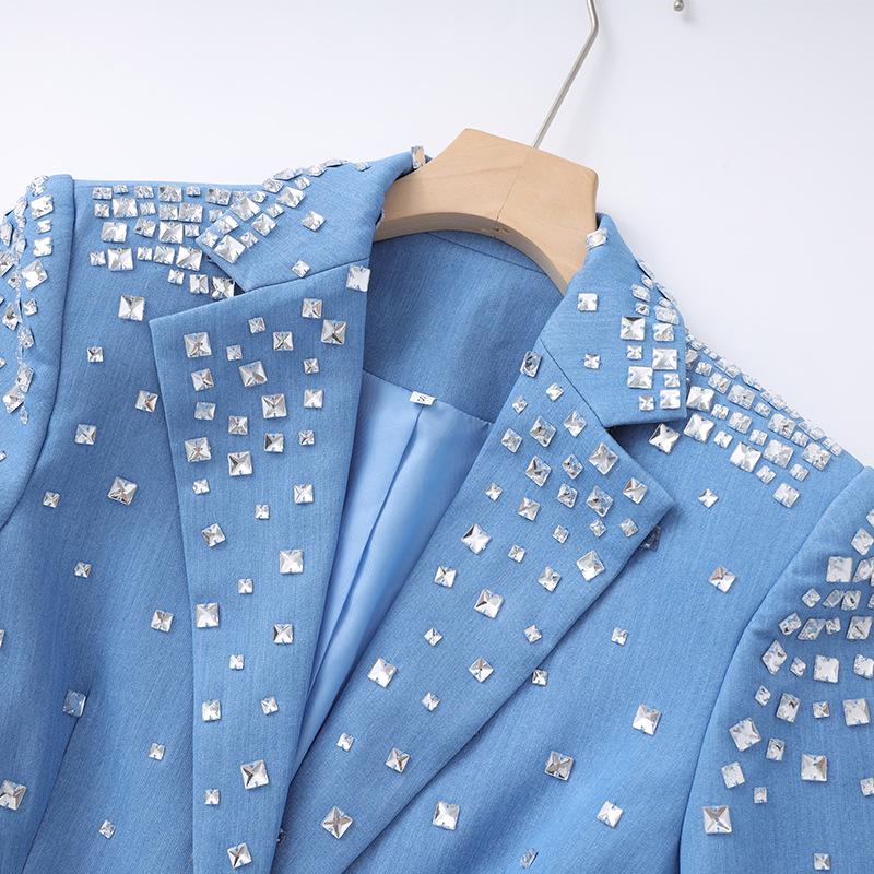 European & American Style V-Neck Blue Suit: Slimming, Flattering, Luxurious Nail Drill Jacket for Stage Performance & Parties