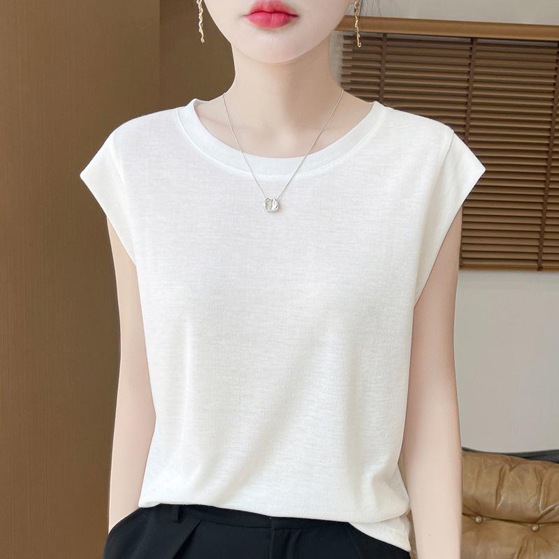 2026 Spring Women's Puff Sleeve Knit T-Shirt - Solid Color, Round Neck