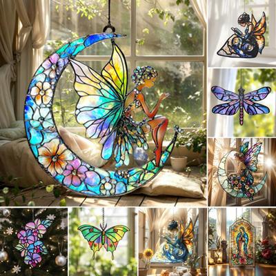 Suncatcher Acrylic Stained Glass Effect Butterfly/Dragonfly/Fairy Ornament Window Hanging Decor Holiday Gift for Women Mom Grandma