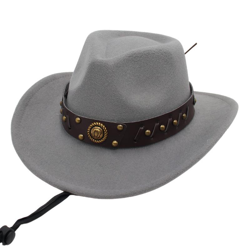 Western Cowboy Hat Tibetan Top Hat Felt Jazz Hat Rolled Edge Felt Hat Rivet Belt Buckle Metal
