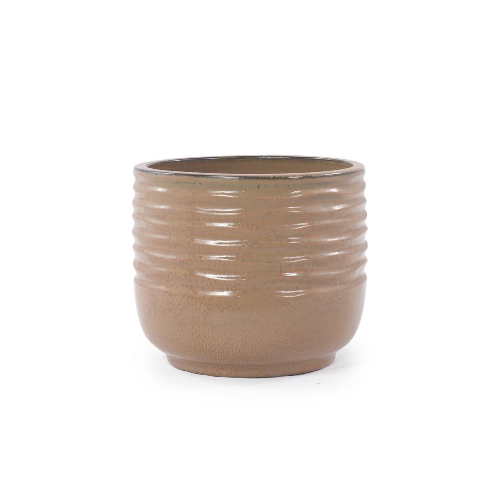 Single Handmade Ceramic Planter (diameter 36 cm), Light Brown, Wave Groove Structure, Breathable, Frost-Resistant