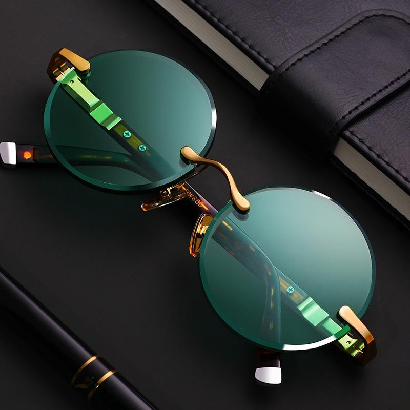 Vintage Dark Green Crystal Sunglasses Trendy Men's Compact Frames Circular Shades Summer Driving Glasses UV400 Gafas De Sol cm