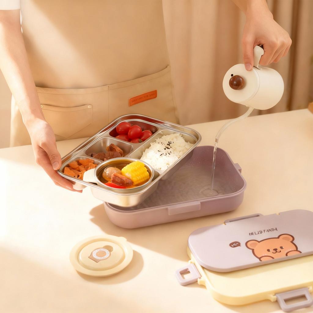 4/5 Grids Cartoon Lunch Container With Tableware 4/5 Compartment Portable 304 Stainless Steel Bento Lunch Box For Kids Students