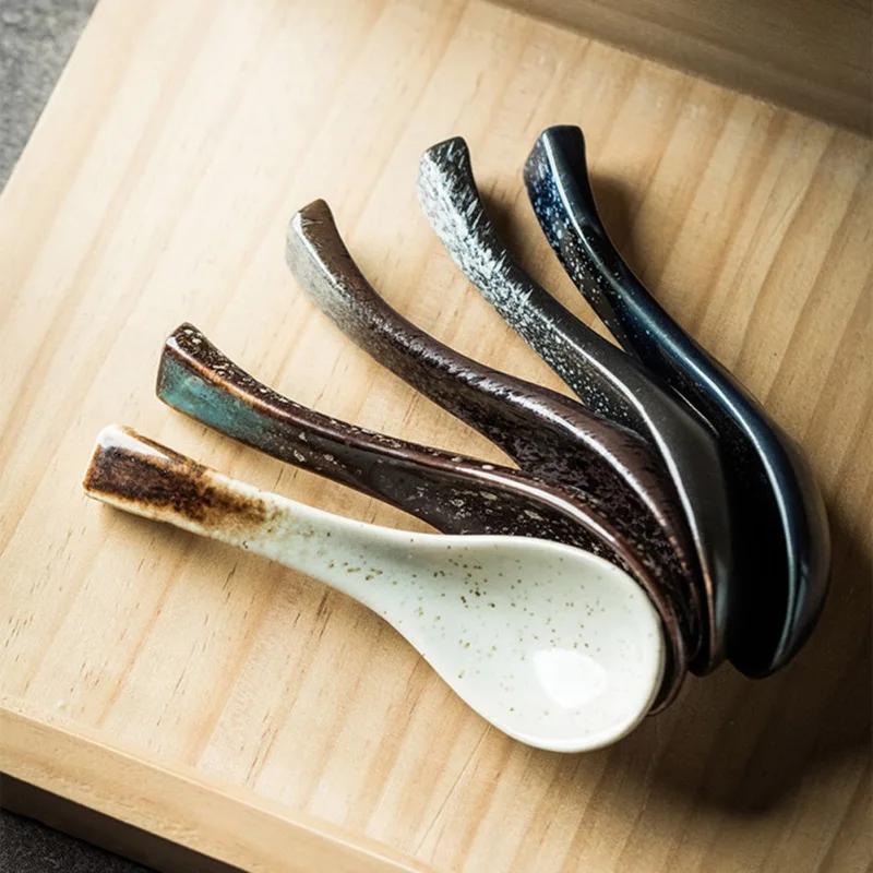 Cuchara de sopa de cerámica retro estilo japonés de 13 cm, cuchara para comer arroz, cuchara de postre, vajilla, utensilios de cocina