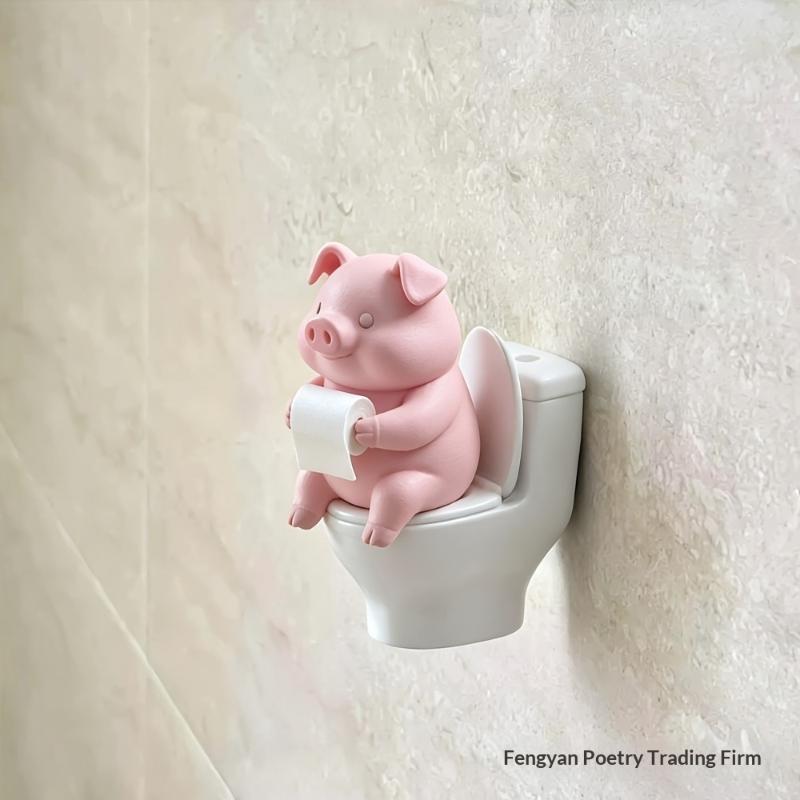 Cute Pig On Toilet Statue Bathroom Decor Wall Mounted Or Tabletop Piggy Figurine For Home Office Desk Shelf Father'S Day Gift