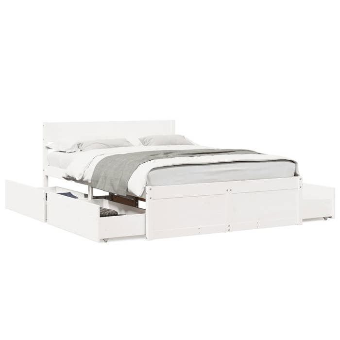 VidaXL Bed Frame with Drawers White 140x190 Cm Solid Pine Wood, Bedroom Furniture, Slatted Base, Wooden Bed, 3282355