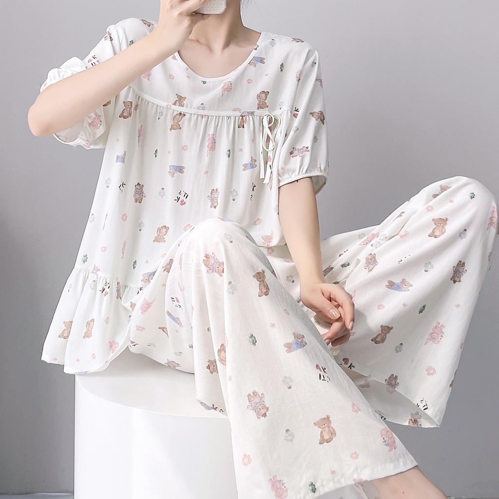 Cotton and Silk Pajamas Women's Summer 1011 New Short-sleeved Trousers Can Be Worn Outside the Suit, Sweet Girl Small Fresh Loungewear