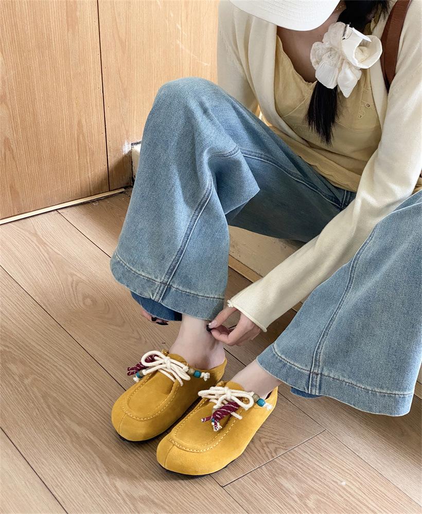 

Cowhide 2025 new fashion casual bag head half drag women s platform outer wear explosion lazy single shoes niche ethnic style 40