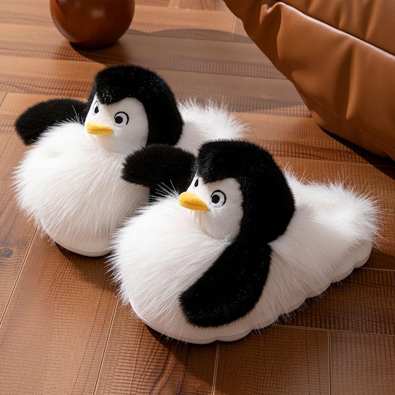Neue flauschige Pinguin-Baumwollpantoffeln für Damen, entzückendes Umarmtier-Design, Fell-Slipper, winterwarm, für drinnen, Schlafzimmerschuhe