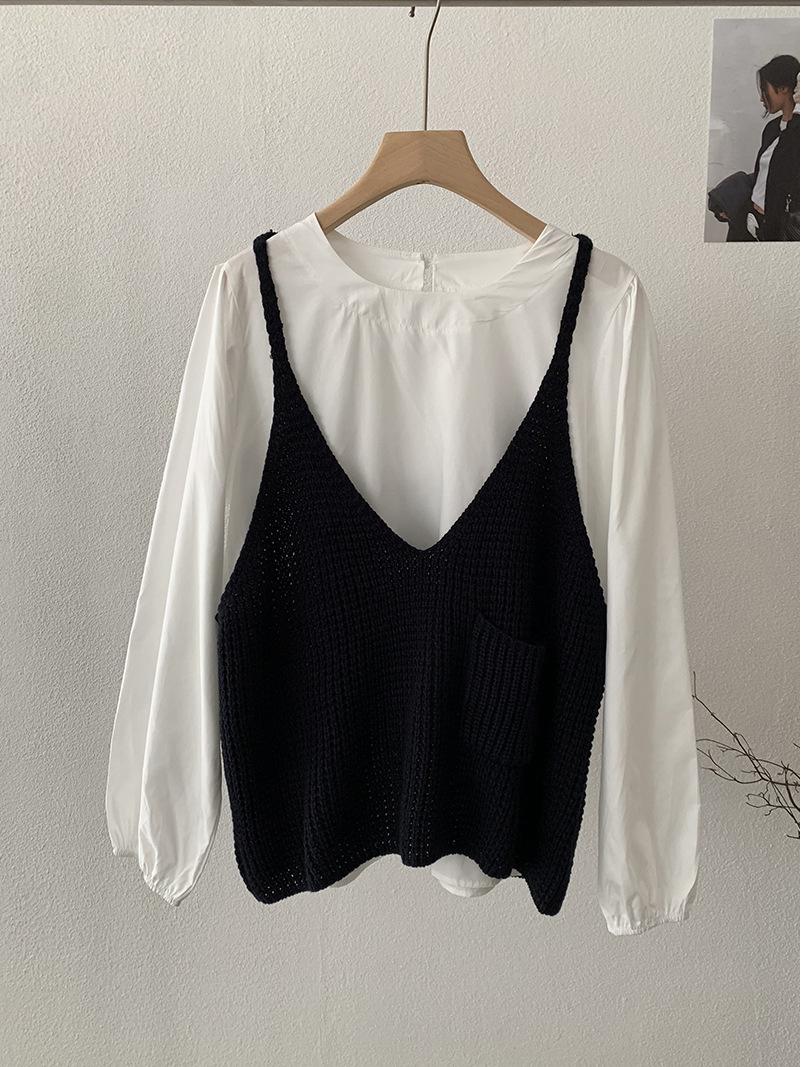 

Вязаный жилет с V-образным вырезом 2025 - Большой размер, Однотонный, Для многослойности на весну/осень One Size чёрный