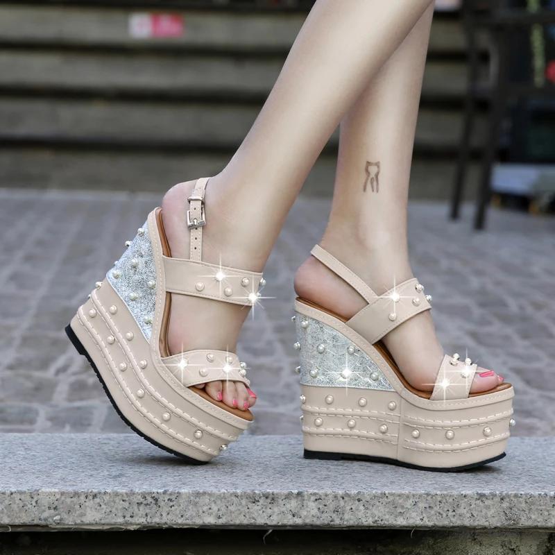Fashion 16cm Super High Heel Platform Wedge Sandals Summer Shoes Women Rhinestone Open Toe Beach Shoes Pumps Slides Summer Shoes