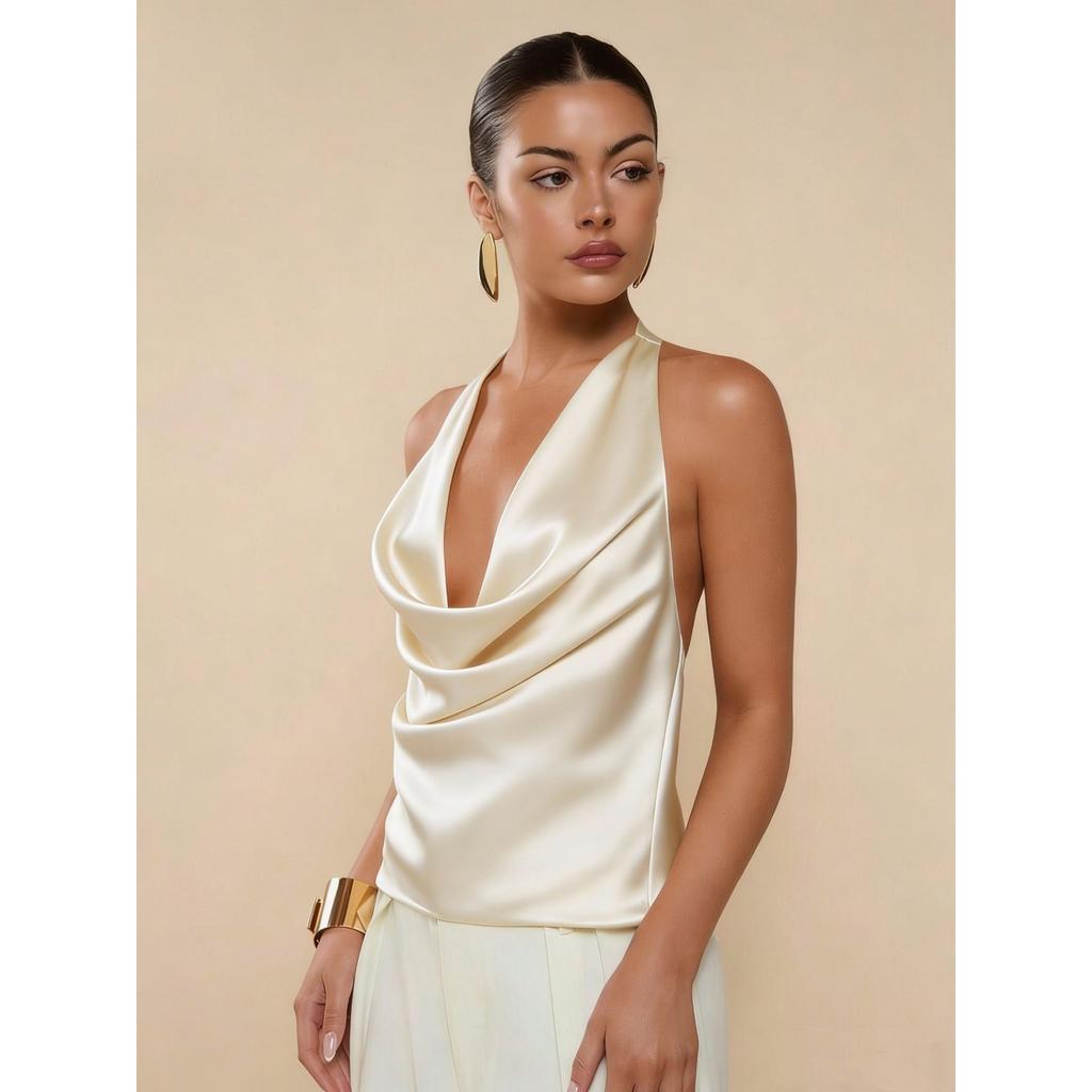 Women's Halter Neck Sleeveless Regular Fit Solid Color Satin Shirt Elegant Top