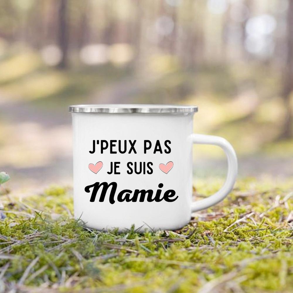 Super Papy Mamie Print Enamel Mug Creative Coffee Cups Drinks Water Milk Cup Enamel Mug Home Drinkware Gifts for Grandma Grandpa