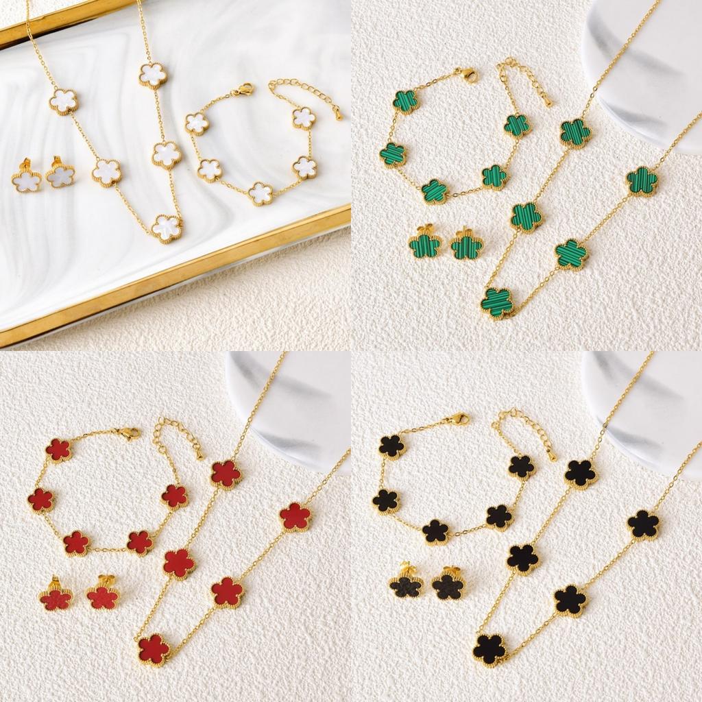 jewelry sales stainless steel five-leaf flower necklace bracelet earrings set high sense women's shamrock jewelry party