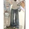 Light Color and Water Scrubbing Worn Slightly Cut Denim Women's Small High Waist Loose and Slimming All-Matching Straight Loose Pants Summer