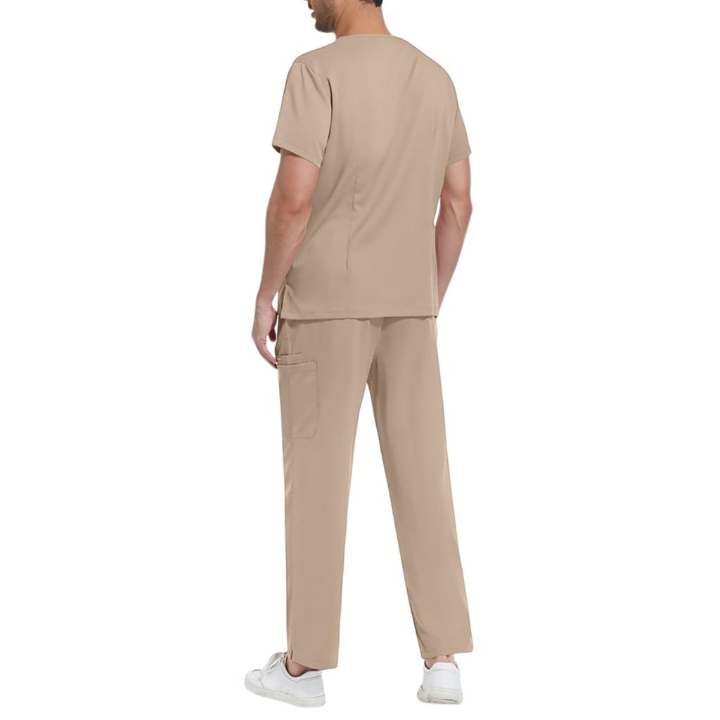 Men's Loose And Comfortable V-neck Short Sleeved Workwear With Tie Up Top And Waist Cinching Beauty Suit Set