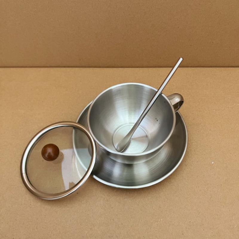 Metal Coffee Mug With Saucer Lid Spoon Set   Stainless Steel Camping Outdoor Coffee Cup For Latter Cappuccino