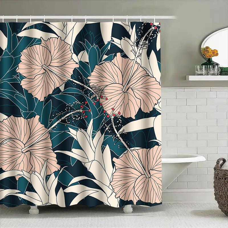 High-Quality Fabric Shower Curtain with White Hibiscus Flowers Printed in Greenish Blue Perfect Decor for Your Bathroom