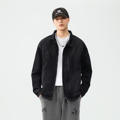 American Retro Stand-Up Collar Black Denim Jacket Men'S Loose Casual Large-Size Coat Clothes