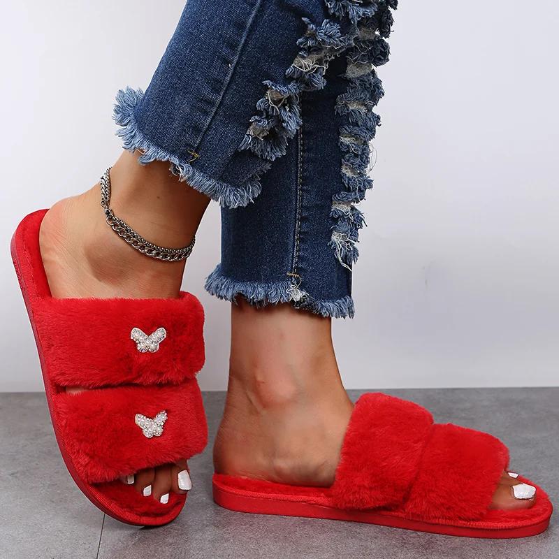 Fashion Stylish Thicken Plush Flat Slippers for Women House Bow Knot Decor Flat Slippers Woman Winter Non Slip Comfort Sandals Female