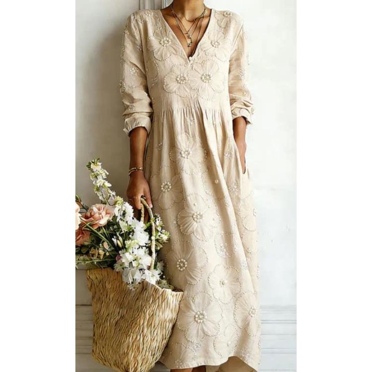 Abito casual da donna azzurro chiaro con scollo a V, ricamo floreale e dettagli di perle, manica media e polsino arricciato