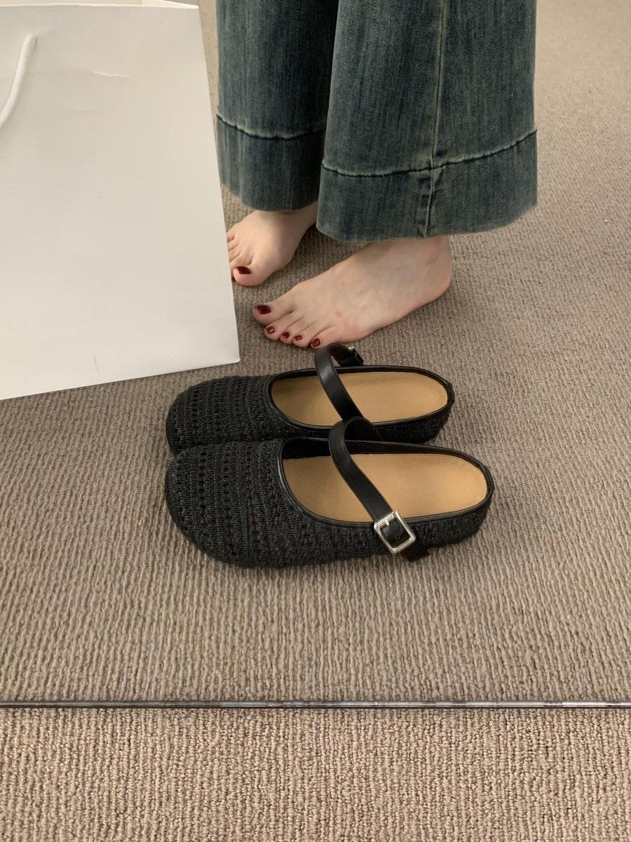 

Women s Half Slippers 2025 Spring Summer New Vintage Fly Weave Baotou Flats Fashion Square Button Slip on Outdoor Casual Sandals 40 чорний