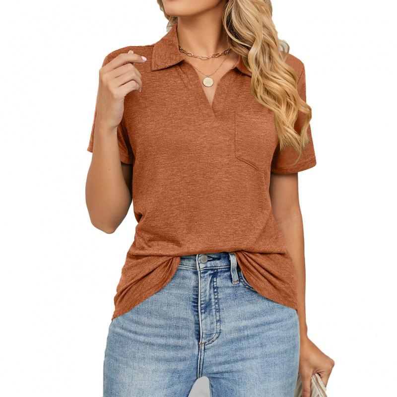 2026 Spring/Summer New Women's Fashion Solid Color Short Sleeve Turn-down Collar Pocket Loose T-shirt Top for Women
