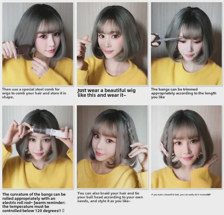 Peruci ondulate lungi și pufoase naturale japoneze și coreene cu breton pentru femei - Cap complet