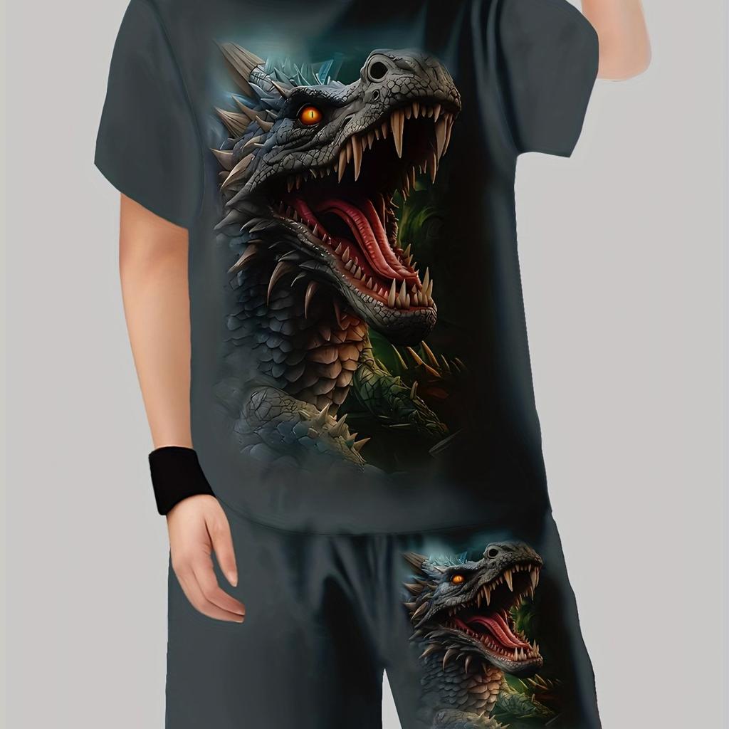 Boys' Set of Fashionable 3D Printed Casual Pullover, Short Sleeved Shorts, T Sports Shirt, Boys' Outdoor T-shirt Shorts Set