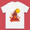 Halloween Lettering With Full Moon Scary Haunted House Flying Bats Horror Graveyard Mens Tee Top