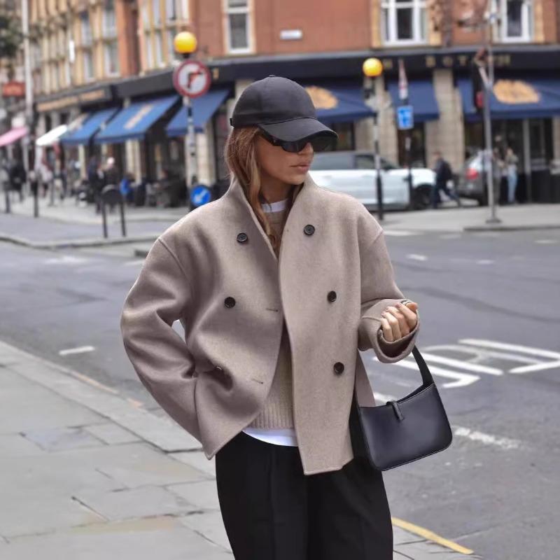 Womens Double Breasted Solid Color Woolen Coat Casual British Style Versatile Outerwear