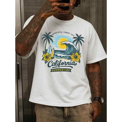 European Sizes Men'S  Graphic T-Shirt - Heavyweight Short Sleeve Round Neck Casual Tee with Surf & Palm Tree Print,Surfboard & California Lettering