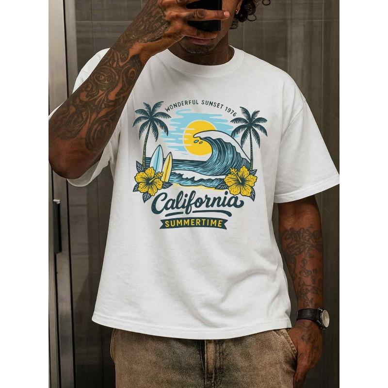 

Европейские размеры Мужская футболка с принтом - Тяжелая, с коротким рукавом, с круглым вырезом, Повседневная футболка с принтом Серфинг и Пальма, Доска для серфинга и Надпись California S