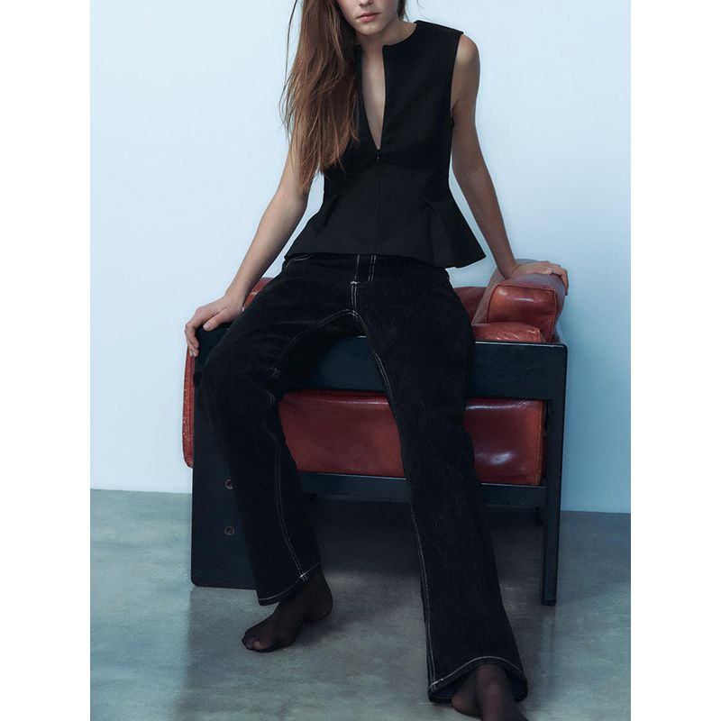 Za2025 Spring New Women's Clothing Short Skirt Hem Pleated round Neck Sleeveless Waist Trimming Versatile Tops 2180010