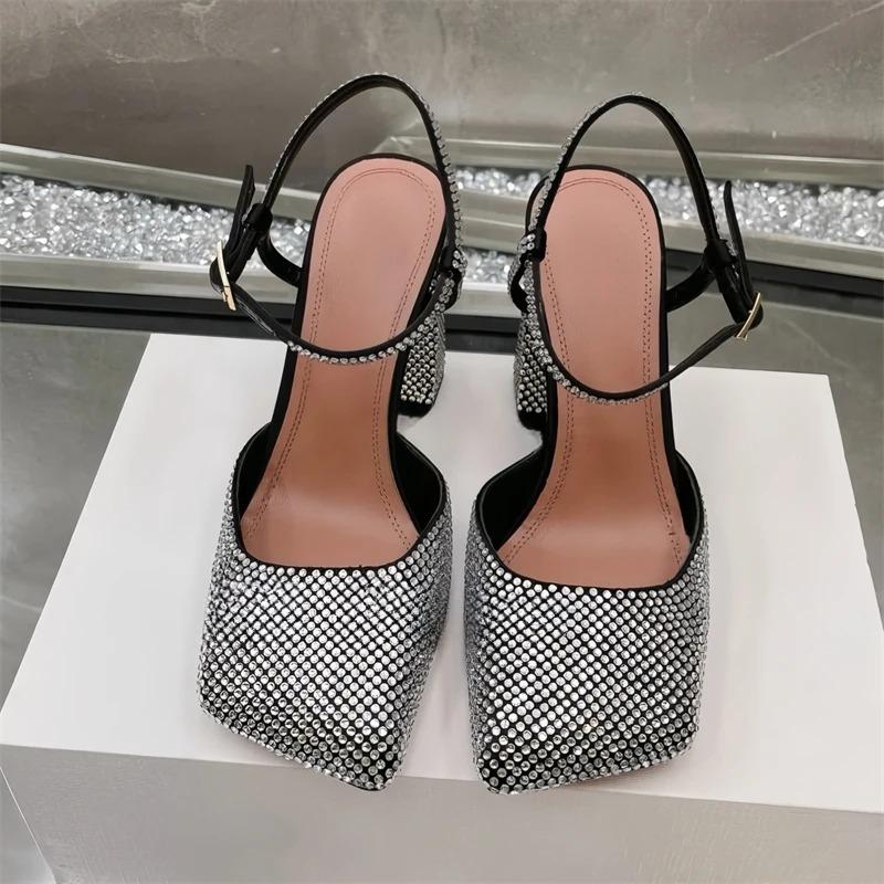 Fashion Minimalist Square Head Rhinestone Mary Jane Sandals 2024 Summer New Girls Candy Banquet Party Fashion High Heels Shoes size 43