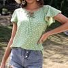 Summer Women's Floral Round Neck Lace-Up Ruffle Sleeve Blouse, Casual European American Style Top